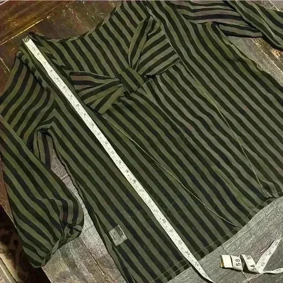 Olive and Black Women’s M Striped Sheer Blouse Bow Classic Boho modern stylish - Picture 2 of 9
